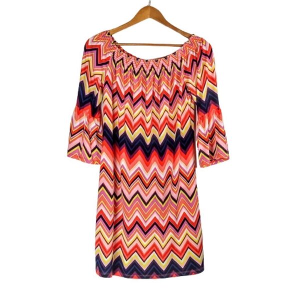 Trina Turk Off The Shoulder Chevron Print Mini Dress - Picture 1 of 5